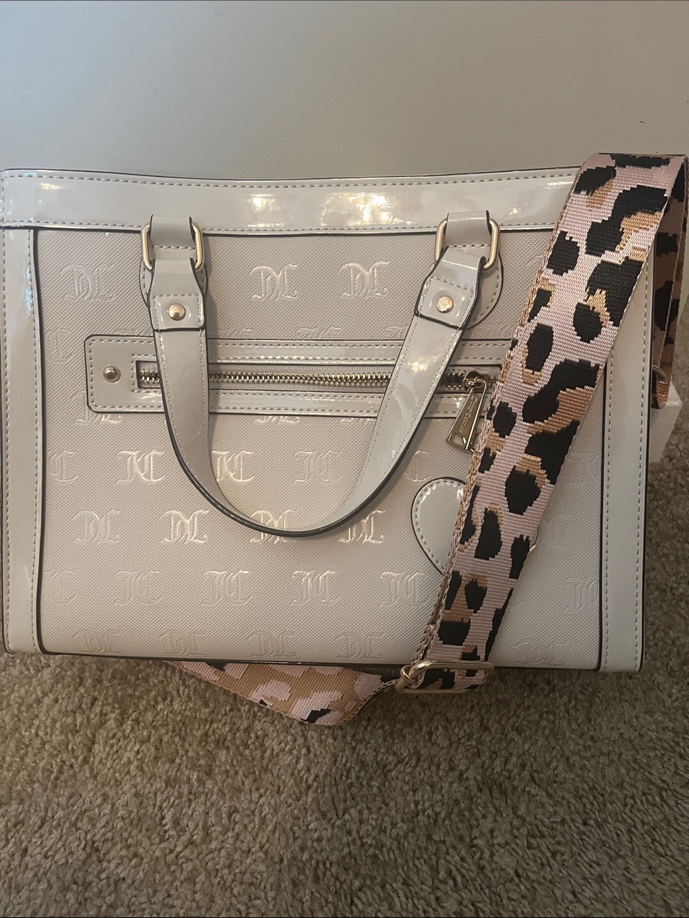 Juicy couture Cream Monogram Tote with Leopard-Print Strap